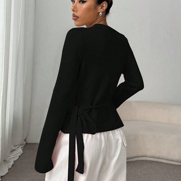 Black Casual Women's Lace-Up Loose Versatile knit Cardigan - Picture 2 of 8